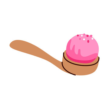 Pink ice cream with sprinkles on wooden spoon. Cute summer dessert.  Vector illustration