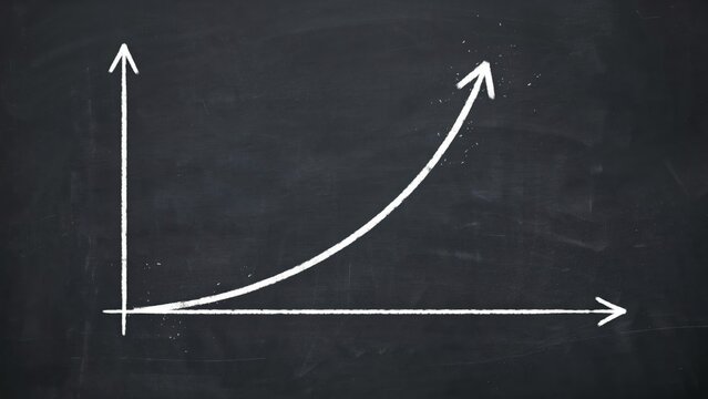 Exponential growth chart on blackboard, white chalk business graph showing rising success, financial profit data visualization