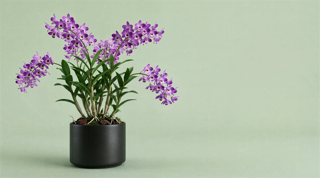 Purple dendrobium orchid in black pot