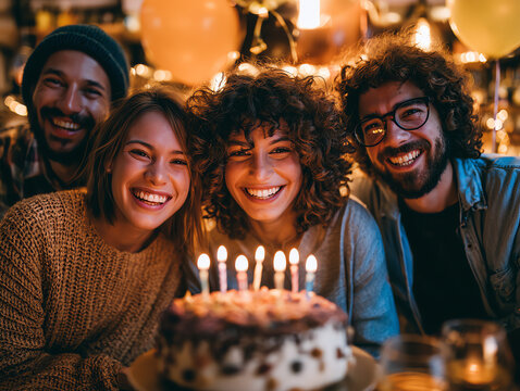 Four friends happily celebrating a birthday with a cake and candles.