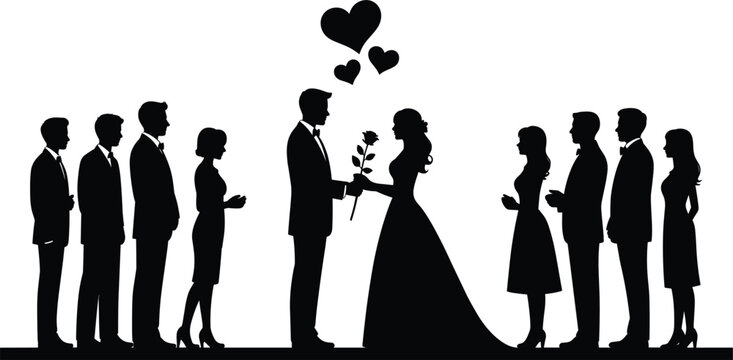 Black silhouette of a wedding ceremony featuring a bride and groom exchanging a rose, surrounded by bridesmaids and groomsmen standing in a line on white background