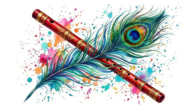 traditional Indian Bamboo Flute with Colorful Peacock Feather and Paint Splashes