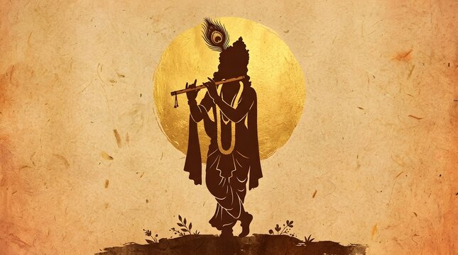 Lord Krishna Silhouette with Flute Against Golden Sun and Vintage Textured Background