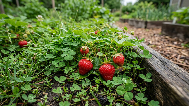 Ripe red strawberries growing in a lush garden bed.