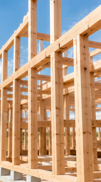 晴天の下で組み立てられる木造住宅の骨組みと上棟の建築現場｜Wooden house frame under construction against a clear blue sky, framing and carpentry work