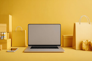 Fototapeta premium Laptop and shopping bags on yellow background, online shopping concept