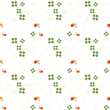 Seamless pixel art clover geometric pattern on bright white background featuring green and orange accents with cheerful retro aesthetic