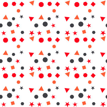 Abstract geometric seamless pattern featuring colorful red orange black shapes with bright even lighting on white background playful energetic vibe