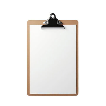 Clipboard with blank white sheet mounted on light brown backing and black metal clip isolated on white background