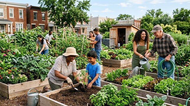 Diverse group of people working together in an urban community garden