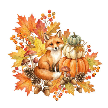 Woodland Autumn Watercolor Red Fox