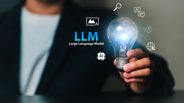 A business professional holding a glowing light bulb surrounded by LLM (Large Language Model)  digital icons representing artificial intelligence, innovation, and modern technology concepts.