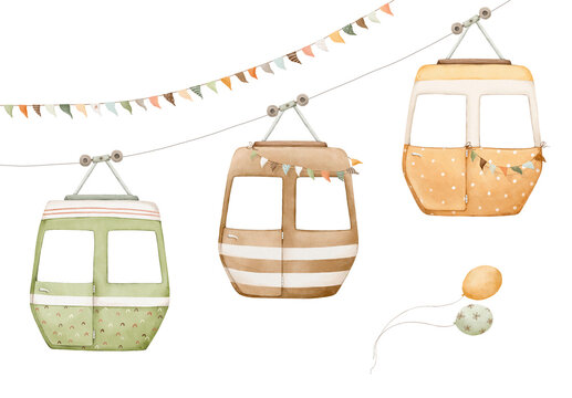 Set with watercolor colorful funiculars, garland and balloons, isolated illustration of hand drawn symbols cable car, recreation, hobby, trip, excursion, perfect kids room design, wallpapers or cards