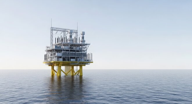 A large offshore energy substation structure stands on yellow legs in calm ocean waters under a clear sky.