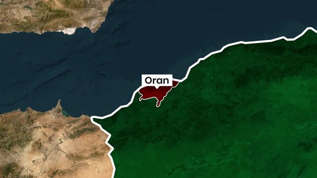 Oran highlighted on satellite map motion graphic footage animation