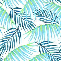 Palm tree foliage seamless tropical pattern on white background © AineGing