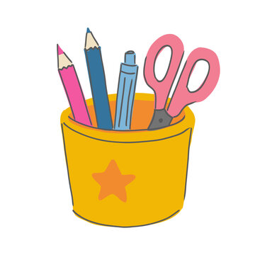 Hand drawn vector illustration of stationery in a cup isolated on white background.