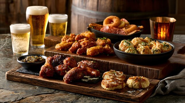A premium composition featuring beer snack assortments, food served with beer, brewery atmosphere, rustic wooden serving boards, frosty beverage glasses, savory appetizers