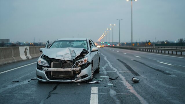 Crashed silver sedan automobile with damaged front bumper wrecked on concrete road surface.