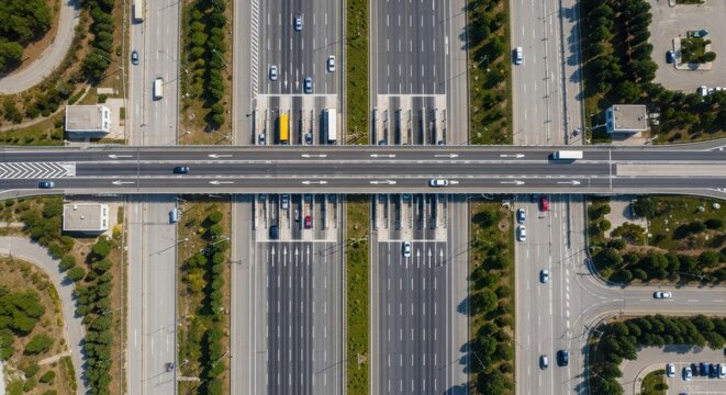 Aerial view of a busy multi-lane highway toll station with cars and trucks moving through, showcasing modern transportation infrastructure