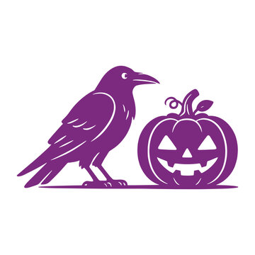 Halloween raven standing beside a spooky carved jack-o-lantern pumpkin vector