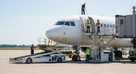 Fototapeta premium Airport maintenance crew performing essential services on a commercial airplane at a busy airport tarmac on a clear day