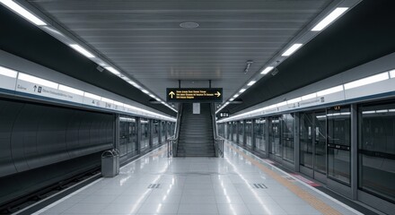 Obraz premium An empty modern underground metro station platform with symmetrical lighting and directional signs