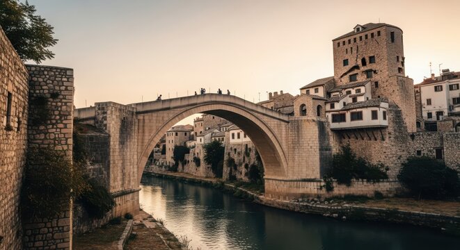 Ancient stone arch bridge crossing a river with historic buildings in a European city at sunset