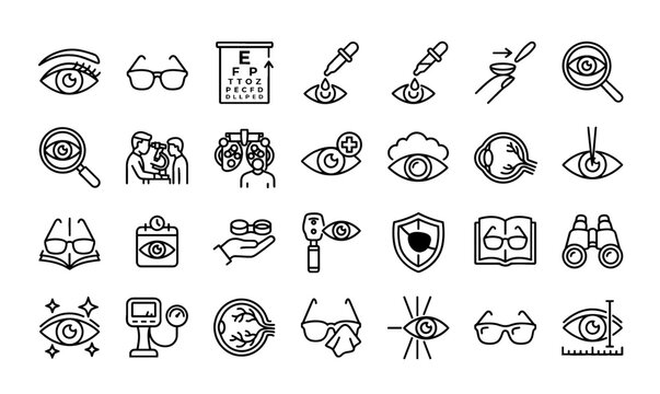 A collection of black and white line icons related to vision and eye care