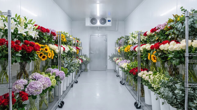 Commercial flower refrigerator room stocked with rolling racks of colorful fresh cut roses and lilies floral cooler cut flowers flower storage florist supply flower market cold room