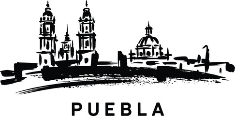 Fototapeta premium Puebla city skyline hand drawn in black ink brush strokes with the iconic Mexican cathedral towers and dome above the bold uppercase city name lettering