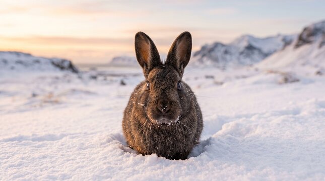 A brown rabbit sits in a vast snowy landscape with mountains under a soft sky.