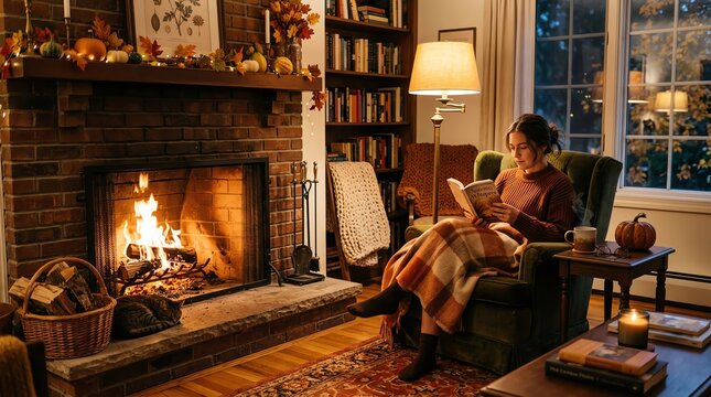 Cozy Woman Reading a Book by a Warm Fireplace on an Autumn Evening