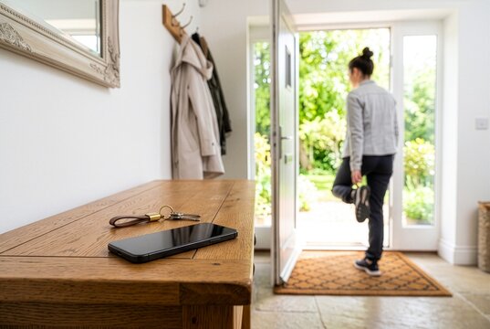 Smartphone left by the door while a person prepares for a walk, representing digital detox, screen-free time, mindfulness and healthy offline habits.