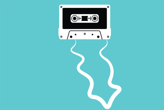 Black and White Cassette with Unwound Tape on Turquoise Background
