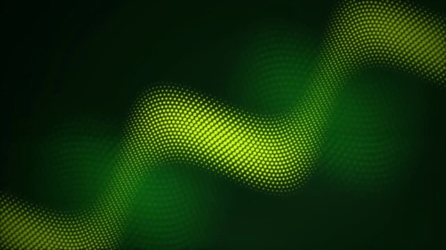 A halftone pattern wave of glowing lime green dots in a seamless loop