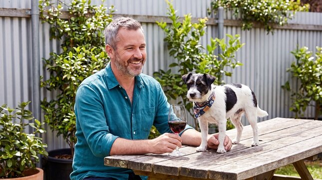 Smiling man with glass of red wine and terrier dog on backyard table