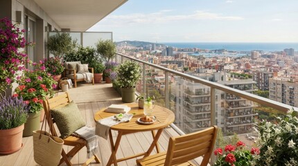 Fototapeta premium City Balcony Oasis: A charming balcony adorned with vibrant flowers, potted plants, and comfortable seating offers a serene retreat with a panoramic view of a bustling city and the distant ocean.