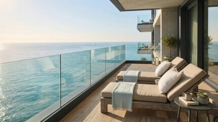 Fototapeta premium Luxury Balcony Overlooking The Ocean: Two empty loungers on a modern balcony with a glass railing offer a serene view of the calm, sparkling ocean under a clear sky, perfect for a tranquil escape.