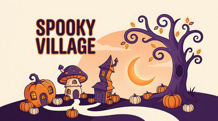 Naklejka premium Spooky village illustration with pumpkin house and crooked tower features orange and purple colors perfect for halloween holiday projects.