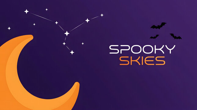 Spooky skies text on purple background with star constellation glowing crescent moon and flying bat silhouettes for halloween greeting.