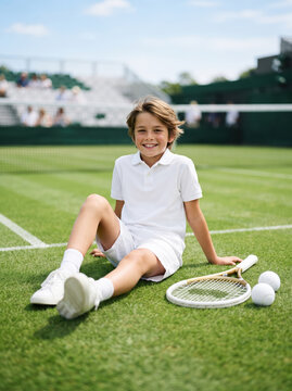 Smiling young boy in white sportswear sitting on grass tennis court with tennis player lawn tennis racket tennis ball sports portrait athletic youth kid athlete active lifestyle