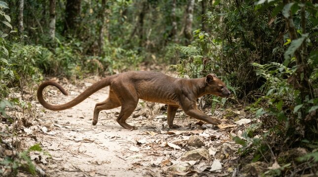 Fossa on Forest Trail: A sleek fossa, a carnivorous mammal native to Madagascar, prowls along a dirt path winding through a dense, lush jungle, showcasing its agility and wild nature.