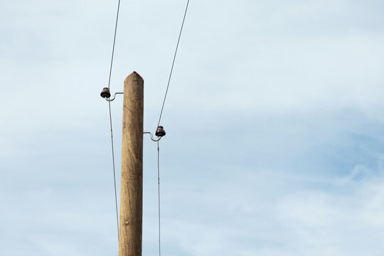 Wooden utility pole with ceramic insulators and overhead wire, with generous copy space. Rural infrastructure concept.