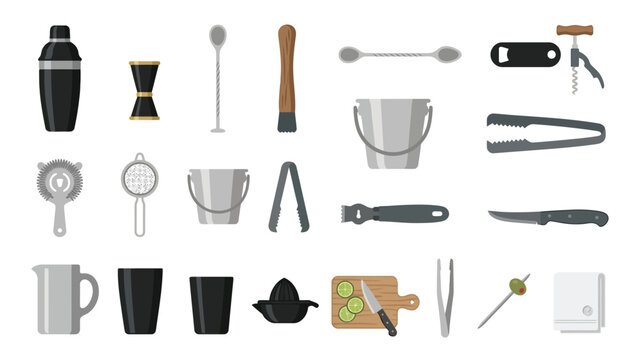 Bartender and mixology colorful icon set with bar tools and cocktail preparation elements