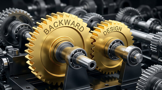 Conceptual golden gears meshing together to illustrate backward design engineering