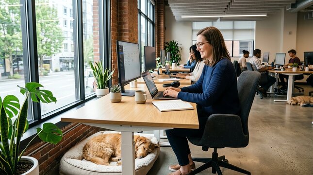 Woman Working on Laptop at Standing Desk with Dog Sleeping Nearby