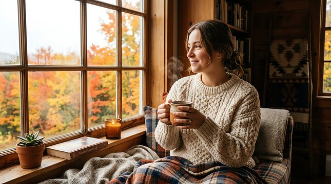 Cozy Woman Enjoying Autumn View with Hot Drink