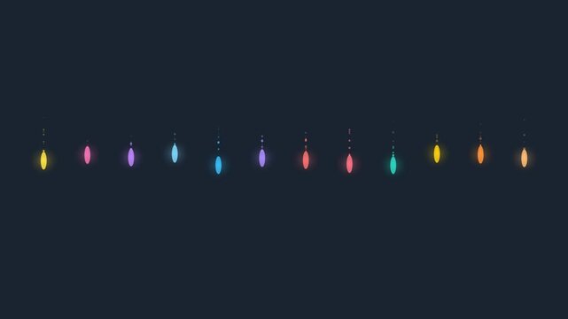 Colorful glowing hanging christmas light bulbs in a row on a dark blue background 4K Motion Video