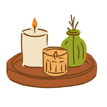 Hand drawn candles and diffuser vector illustration isolated on white background.
